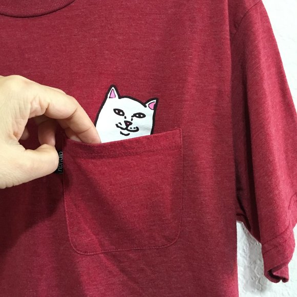RIPNDIP Red Pocket T Shirt w/White Cat in Pocket Crew Neck Short Sleeves Size M - Picture 3 of 13